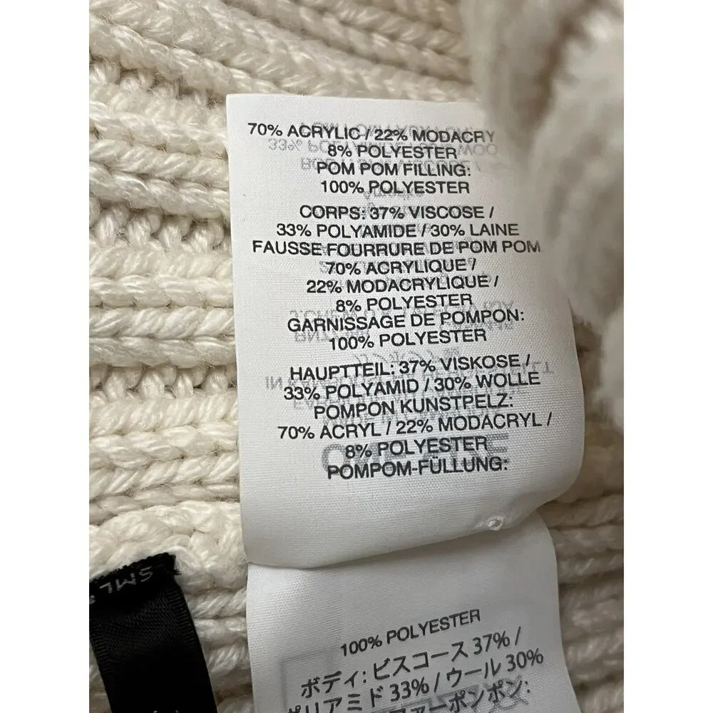 J CREW Hat Womens OS Ribbed Cuffed Pom-Pom Beanie NWOT Knit Cotton Ivory